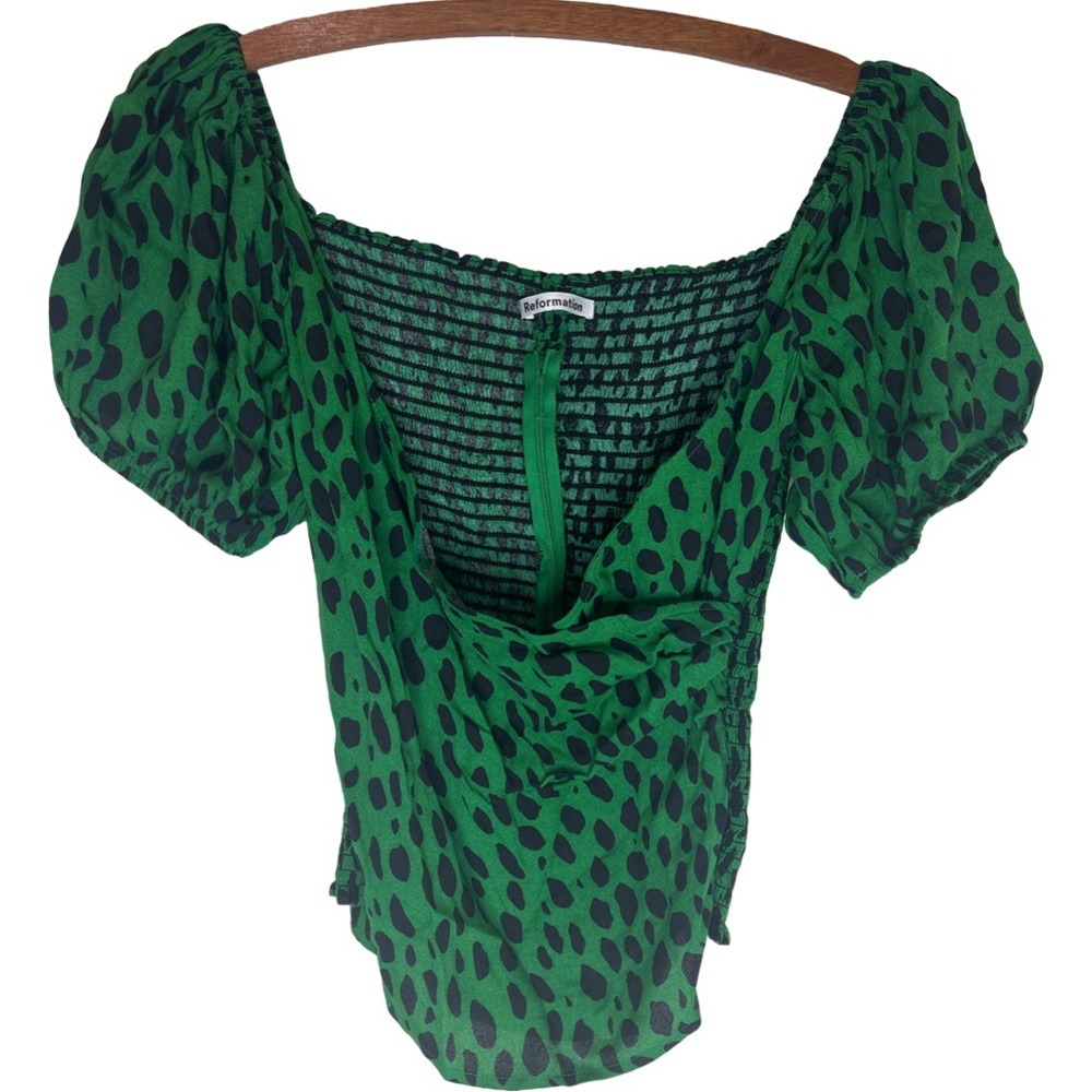 REFORMATION Lampone Top Green Black Animal Print Size 8